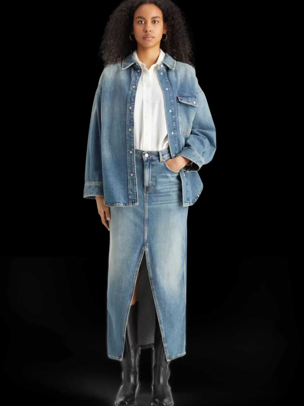 Fashion Long vintage washed denim skirt with front split Women Skirts & Shorts