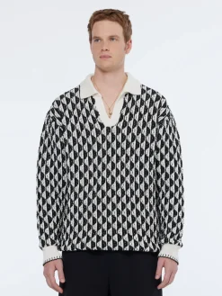 Online Textured jacquard dropped shoulder long sleeve polo Knitwear