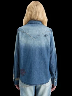 Clearance WASHED REGULAR FIT DENIM WESTERN SHIRT WITH EMBROIDERIES Women Blouses & Shirts