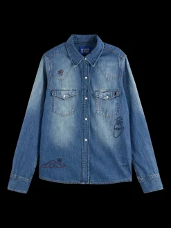Clearance WASHED REGULAR FIT DENIM WESTERN SHIRT WITH EMBROIDERIES Women Blouses & Shirts