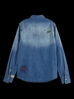 Clearance WASHED REGULAR FIT DENIM WESTERN SHIRT WITH EMBROIDERIES Women Blouses & Shirts