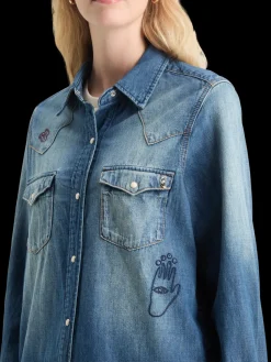 Clearance WASHED REGULAR FIT DENIM WESTERN SHIRT WITH EMBROIDERIES Women Blouses & Shirts