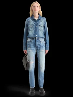 Clearance WASHED REGULAR FIT DENIM WESTERN SHIRT WITH EMBROIDERIES Women Blouses & Shirts