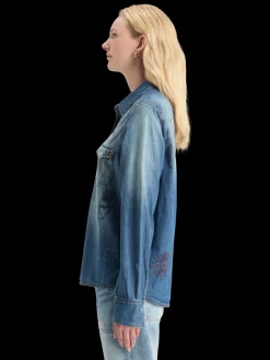 Clearance WASHED REGULAR FIT DENIM WESTERN SHIRT WITH EMBROIDERIES Women Blouses & Shirts