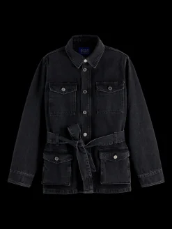 Discount WORKED OUT BLACK CARGO DENIM JACKET WITH BELT Women Jackets & Coats